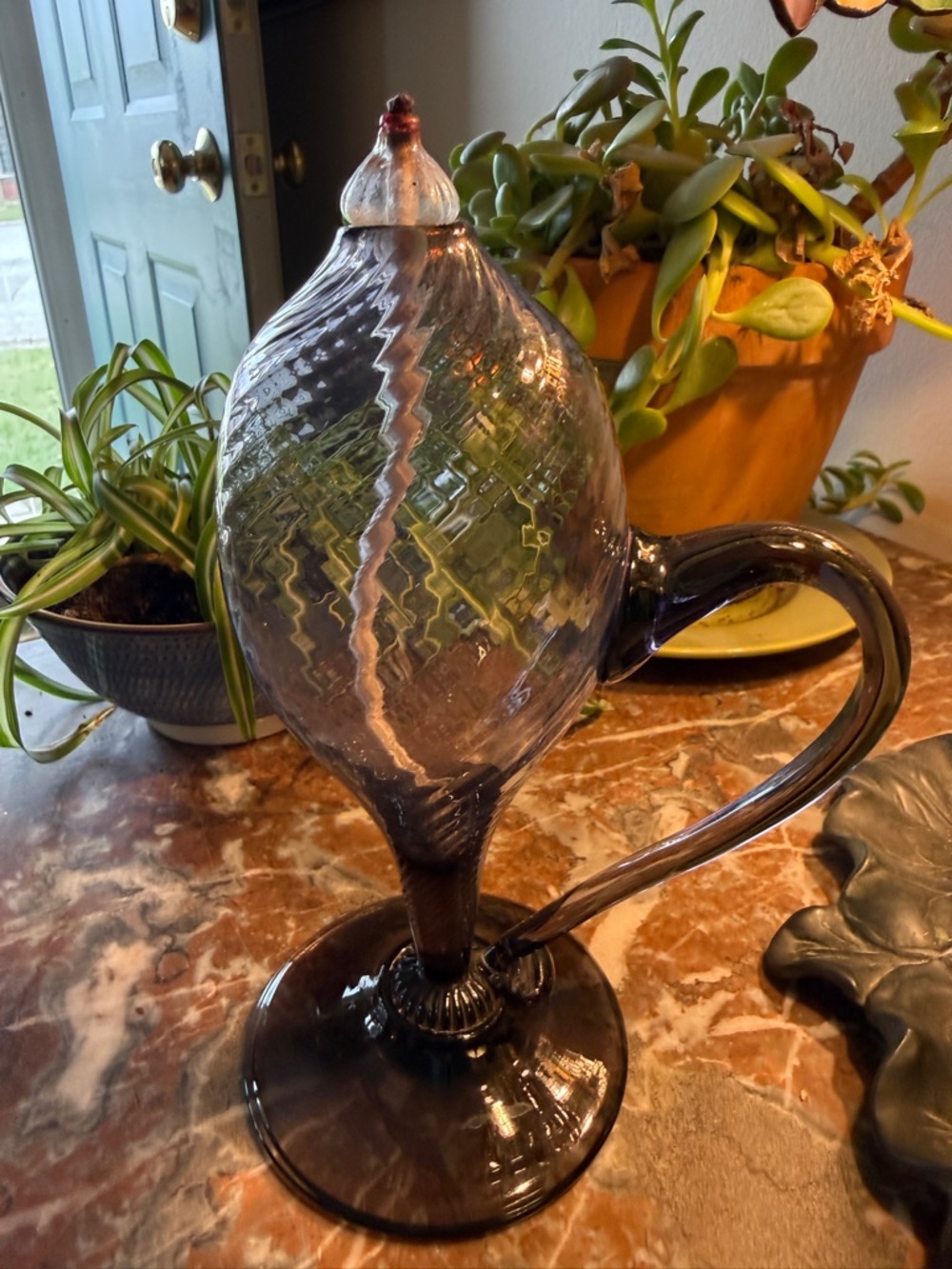 Handblown Vintage Art Glass Oil Lamp in Smoky Purple/Gray